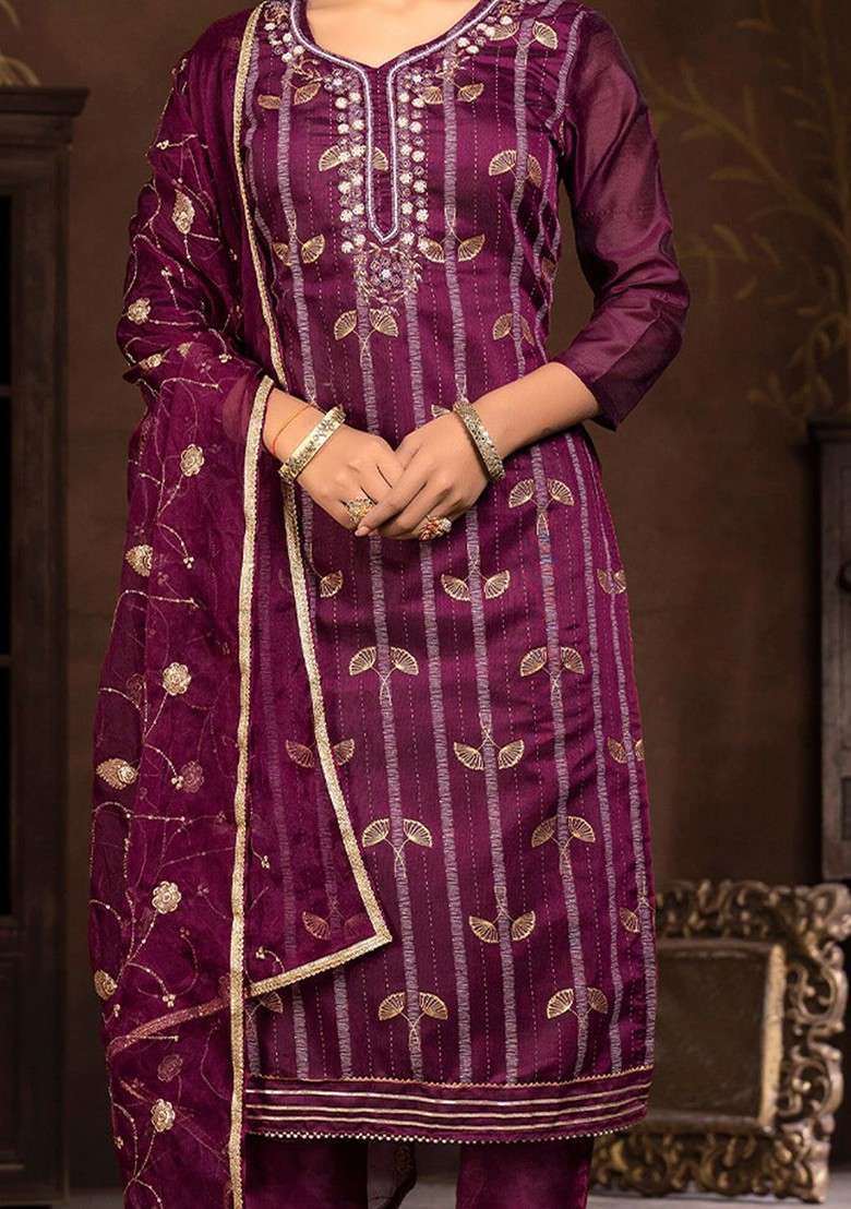 Purple Embroidered Poly Straight Kurta Set - Indya