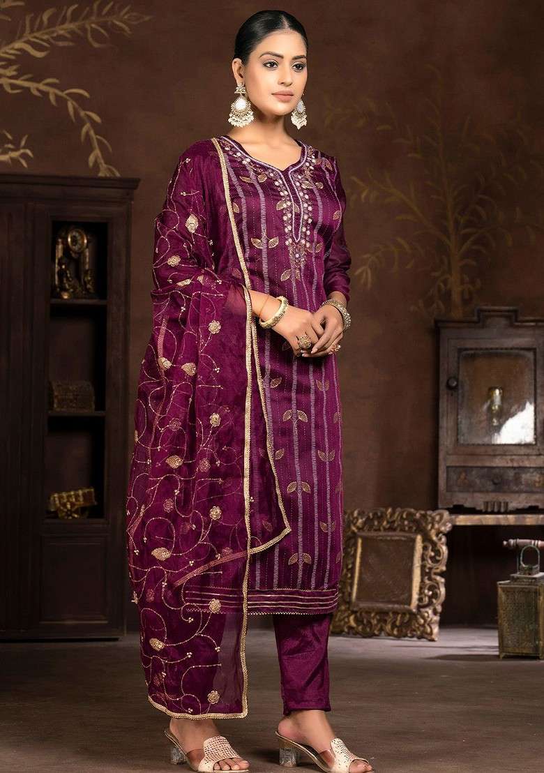 Purple Embroidered Poly Straight Kurta Set - Indya