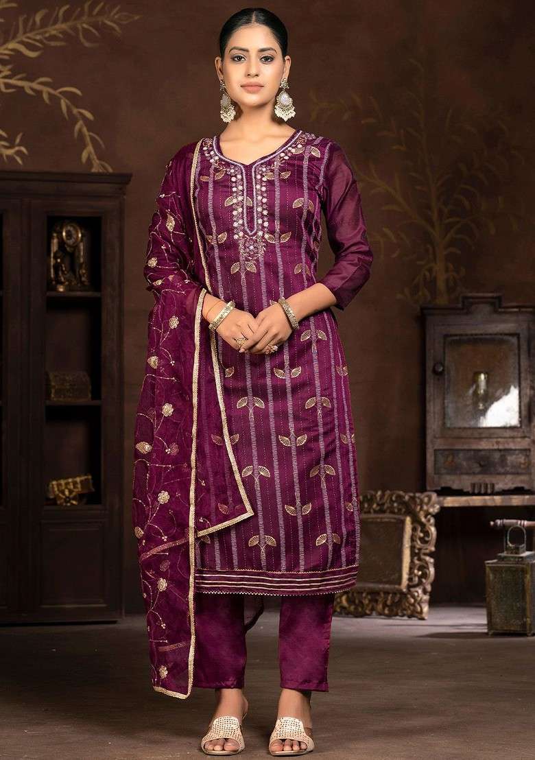Purple Embroidered Poly Straight Kurta Set - Indya