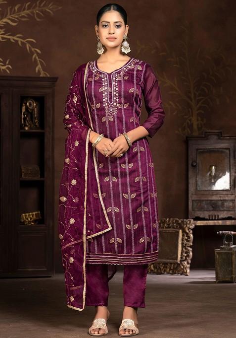 Purple Floral Print Poly Blend Kurta Set