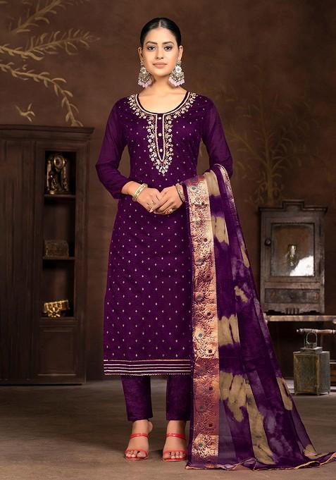 Purple Embellished Jacquard Kurta Set