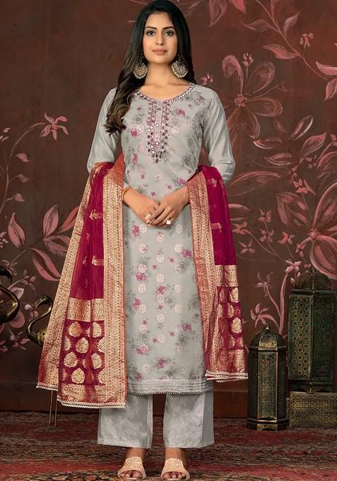 Grey Floral Print Poly Blend Kurta Set