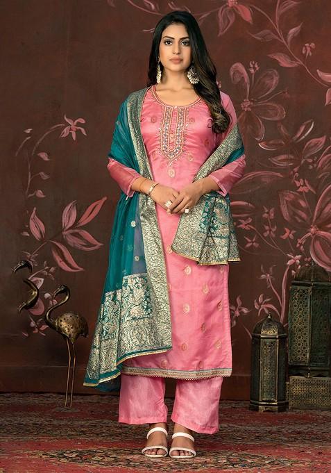 Pink Embellished Poly Blend Kurta Set