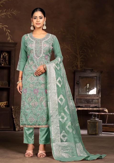Sea Green Embroidered Organza Pakistani Suit Set