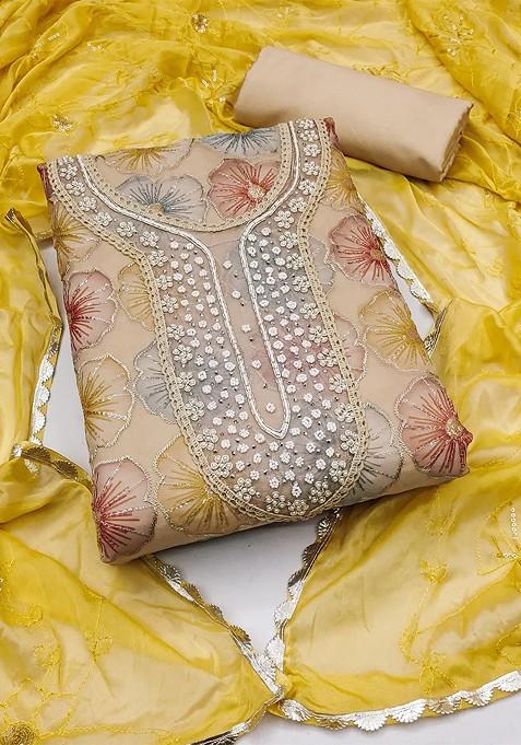 Beige Embellished Organza Kurta Set