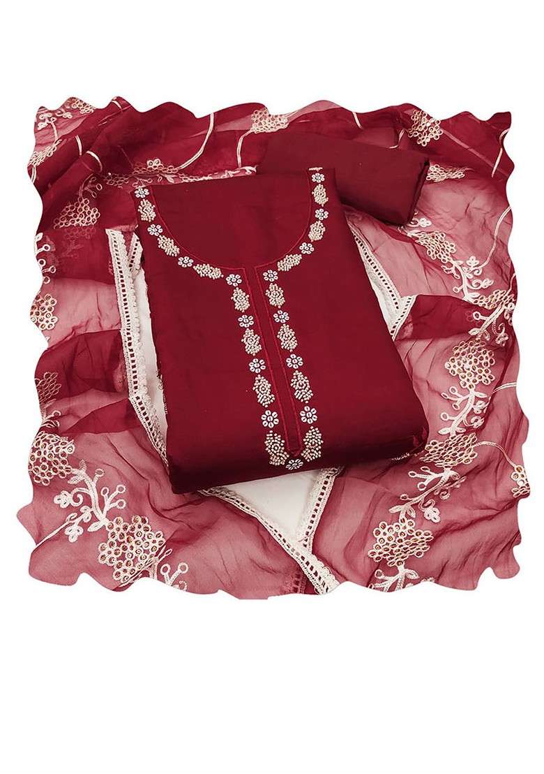 Maroon Embroidered Blended Straight Kurta Set - Indya