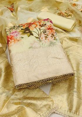 Beige Floral Print Poly Blend Kurta Set