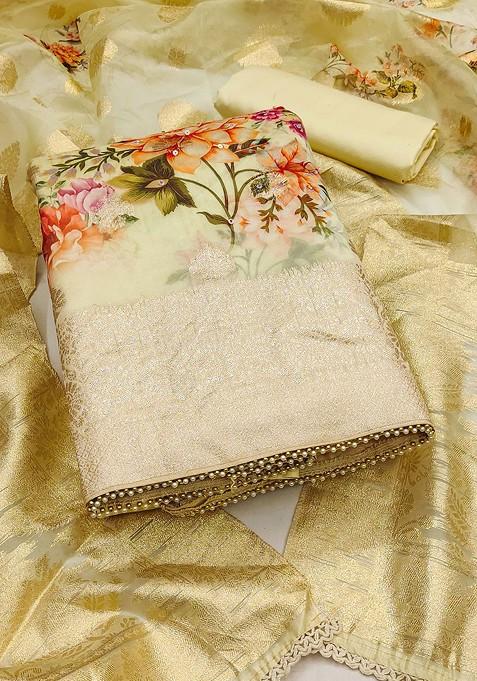 Beige Floral Print Poly Blend Kurta Set