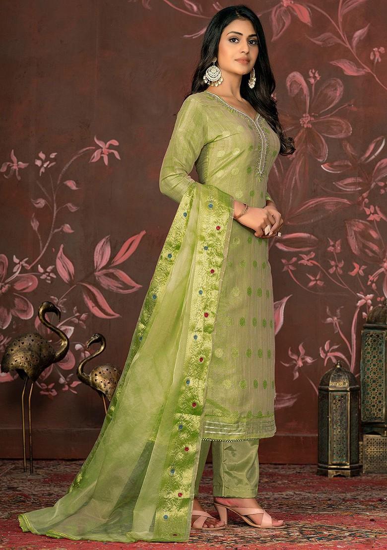 Green Embellished Poly Blend Kurta Set - Indya