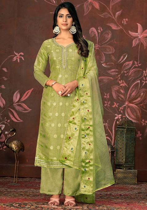 Green Embellished Poly Blend Kurta Set