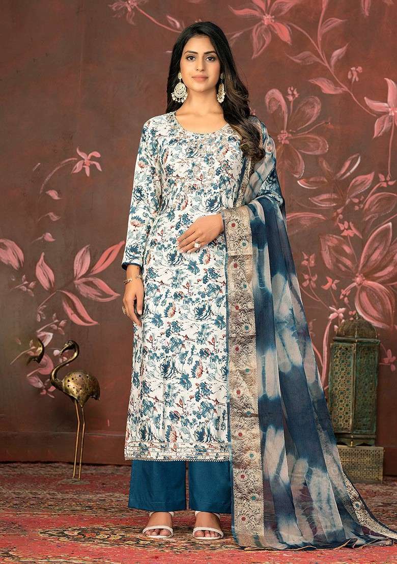 Blue Floral Print Blended Straight Kurta Set - Indya
