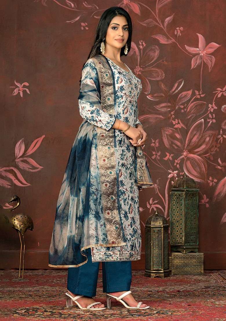 Blue Floral Print Blended Straight Kurta Set - Indya