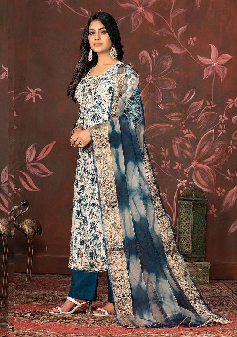 Blue Floral Print Blended Straight Kurta Set - Indya