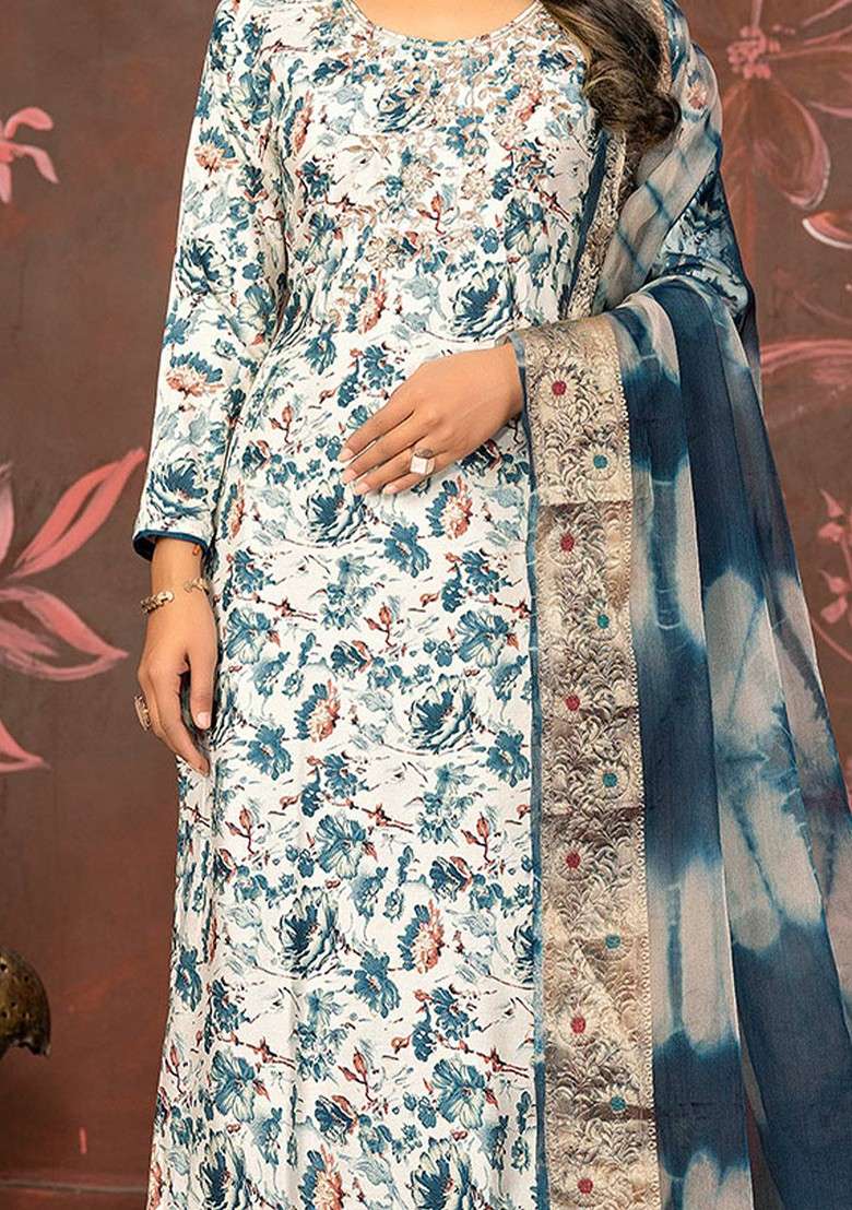 Blue Floral Print Blended Straight Kurta Set - Indya