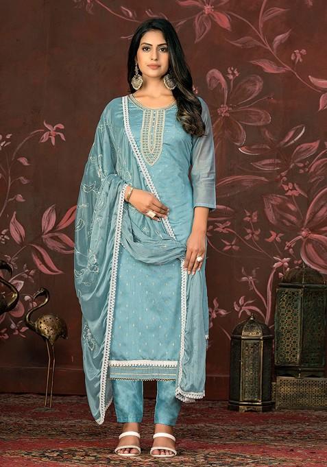 Teal Jacquard Blended Pakistani Suit Set