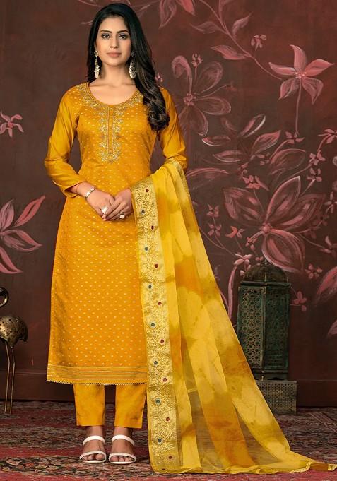 Yellow Woven Jacquard Kurta Set