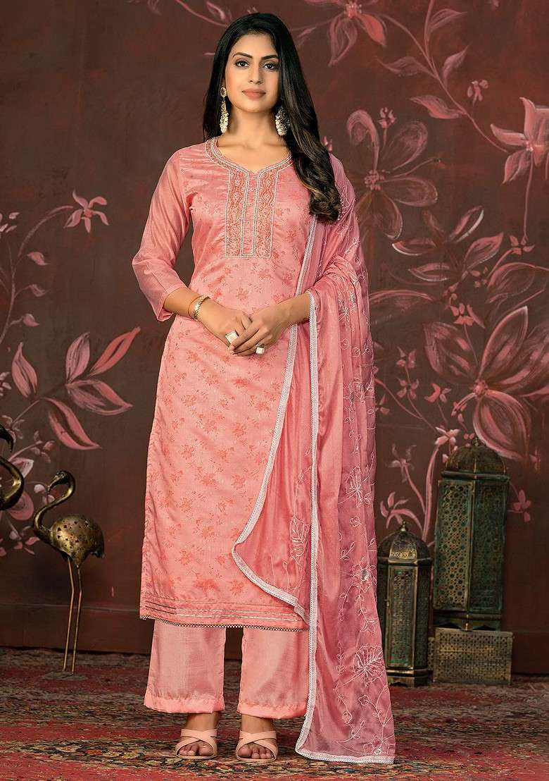 Peach Printed Poly Straight Kurta Set - Indya