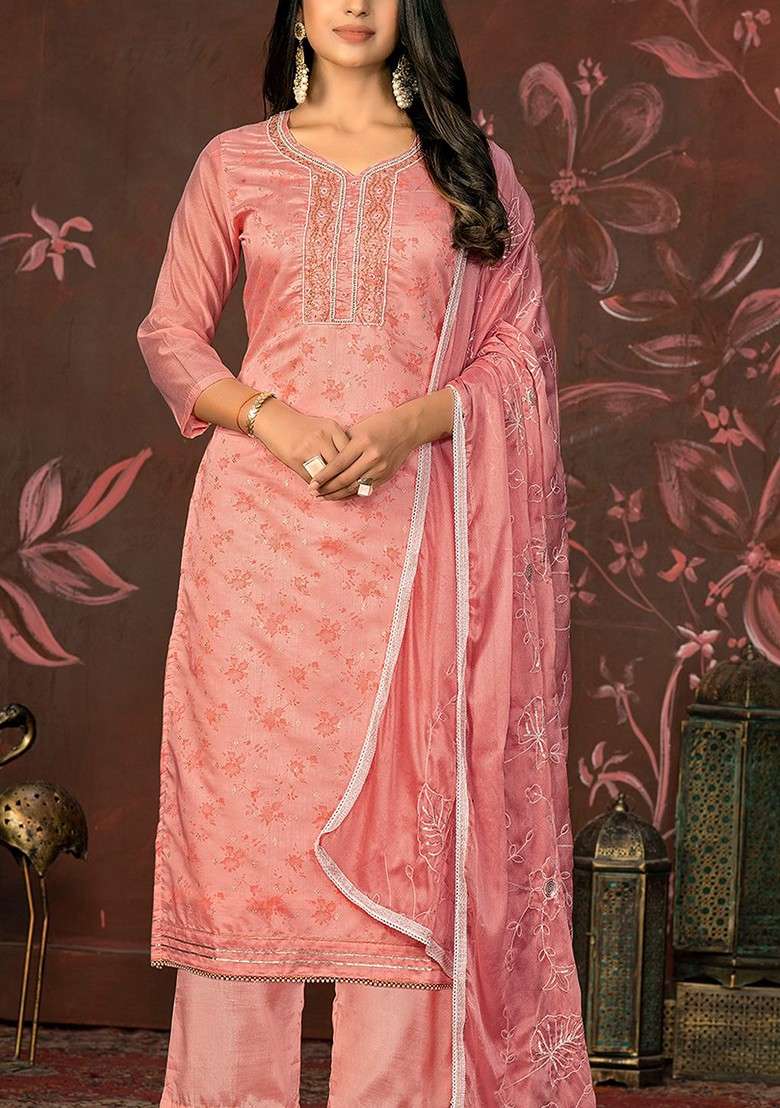 Peach Printed Poly Straight Kurta Set - Indya
