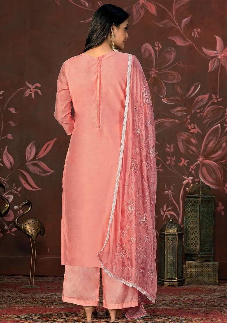Peach Printed Poly Straight Kurta Set - Indya