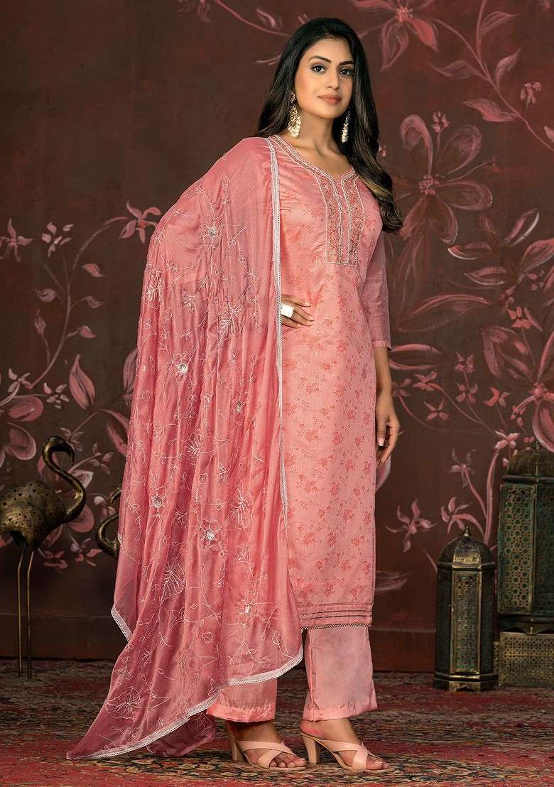 Peach Printed Poly Straight Kurta Set - Indya