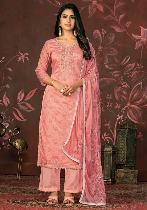 Peach Floral Print Poly Blend Kurta Set