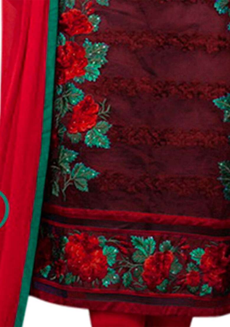 Maroon Embroidered Poly Blend Kurta Set - Indya