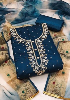 Teal Embroidered Poly Blend Kurta Set