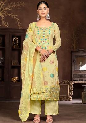 Green Woven Poly Blend Kurta Set
