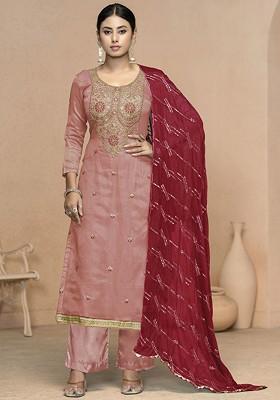 Peach Embroidered Poly Blend Kurta Set