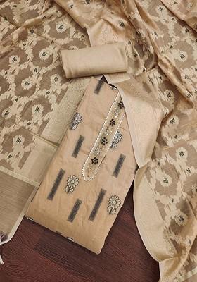 Beige Woven Poly Blend Kurta Set