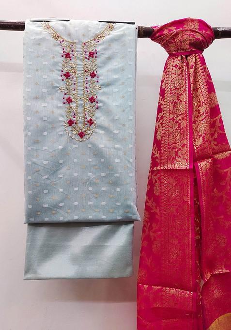 Teal Embellished Pure Silk Kurta Set