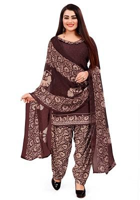 Brown Printed Poly Blend Kurta Set
