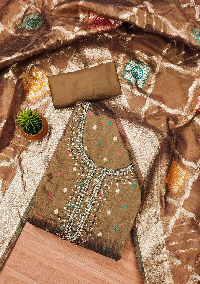 Brown Embellished Poly Blend Kurta Set - Indya