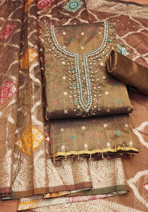 Brown Embellished Poly Blend Kurta Set