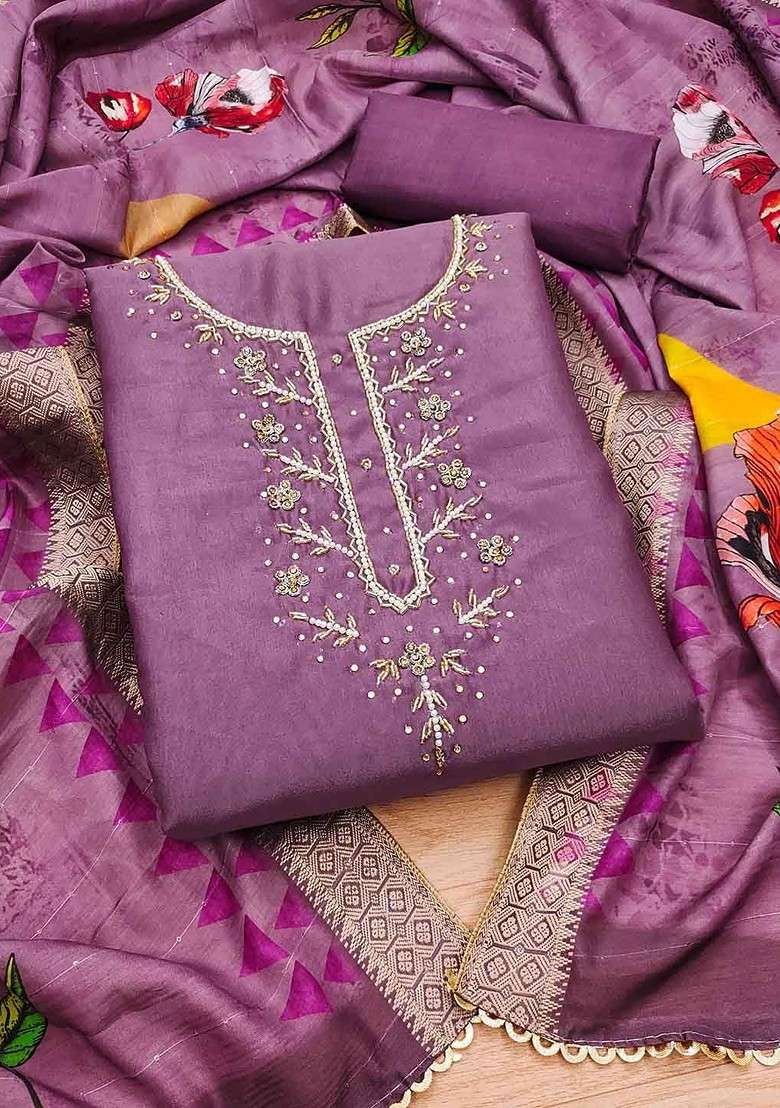 Lavender Embroidered Blended Straight Kurta Set - Indya