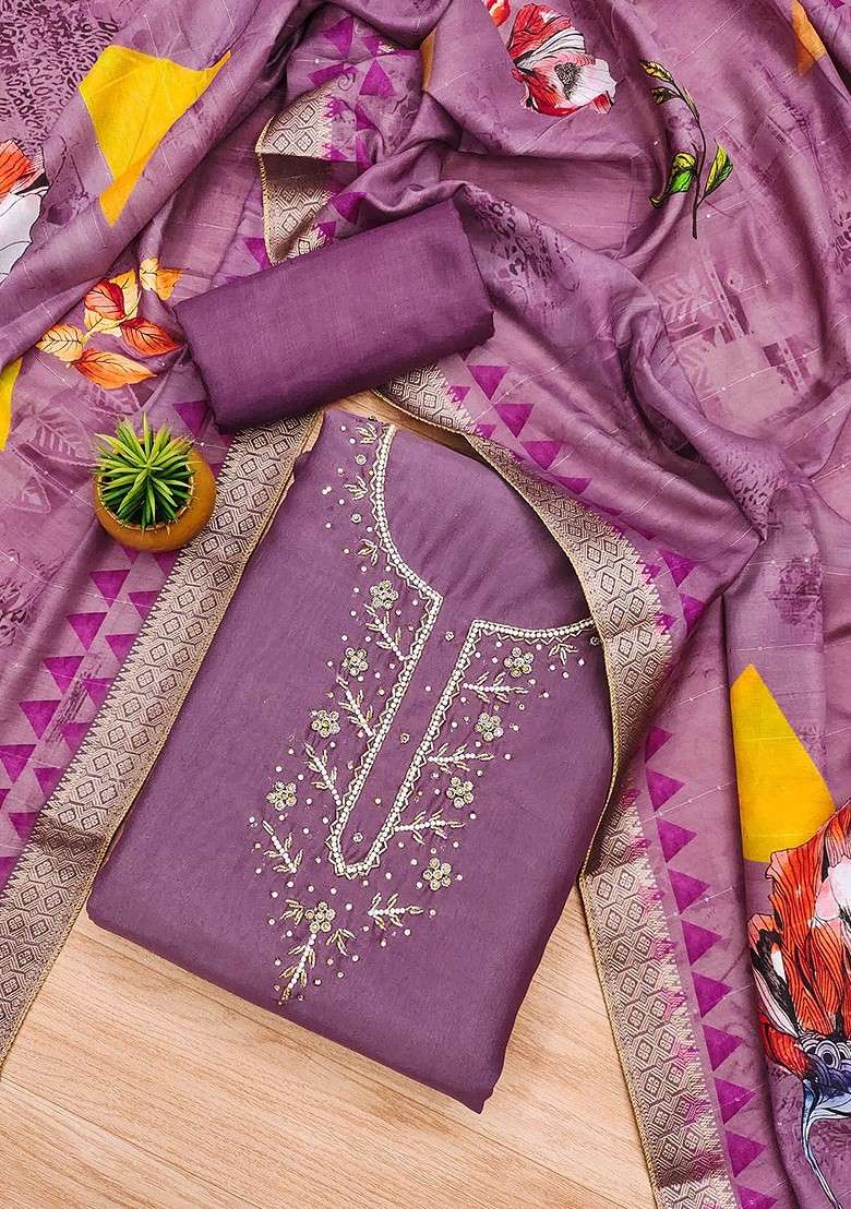 Lavender Embroidered Blended Straight Kurta Set - Indya