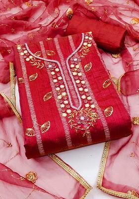 Red Embellished Poly Blend Kurta Set