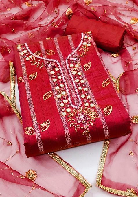 Red Embellished Poly Blend Kurta Set