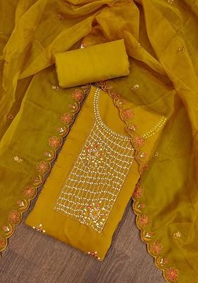 Mustard Embellished Poly Blend Kurta Set