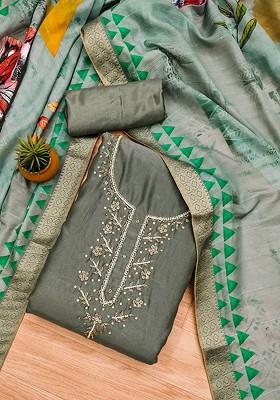 Grey Embellished Poly Blend Kurta Set