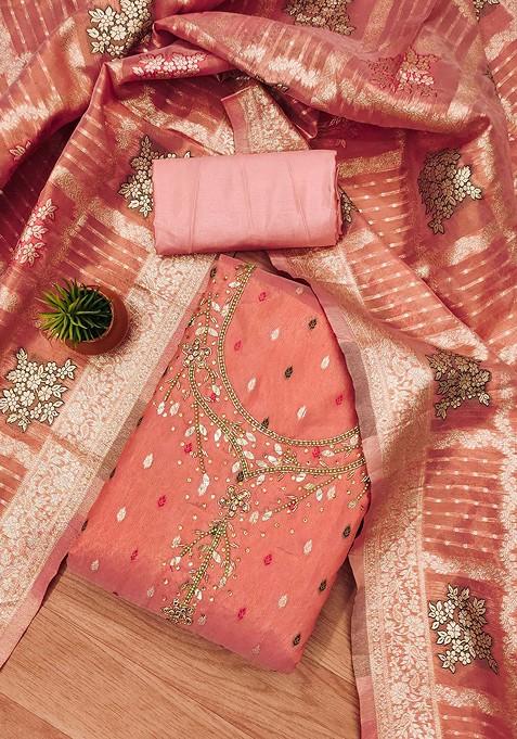 Peach Embellished Poly Blend Kurta Set