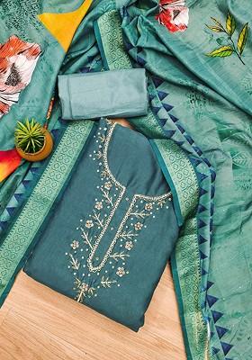 Turquoise Blue Embellished Poly Blend Kurta Set