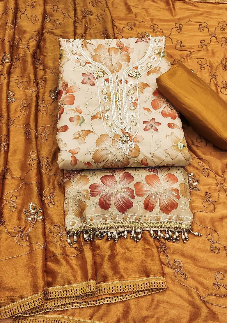 Beige Embellished Organza Kurta Set