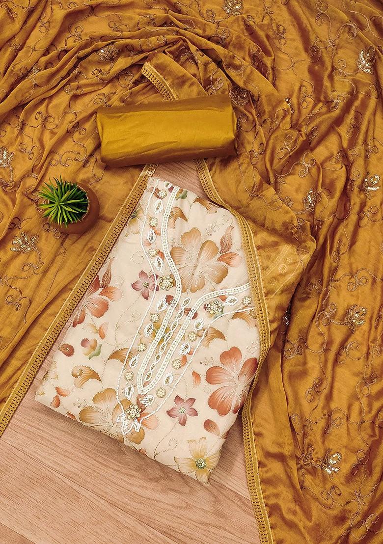 Beige Embellished Organza Kurta Set