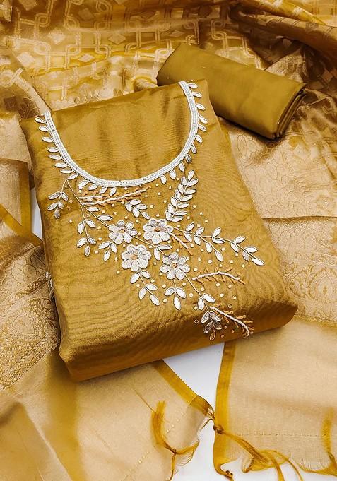 Mustard Embroidered Poly Blend Kurta Set