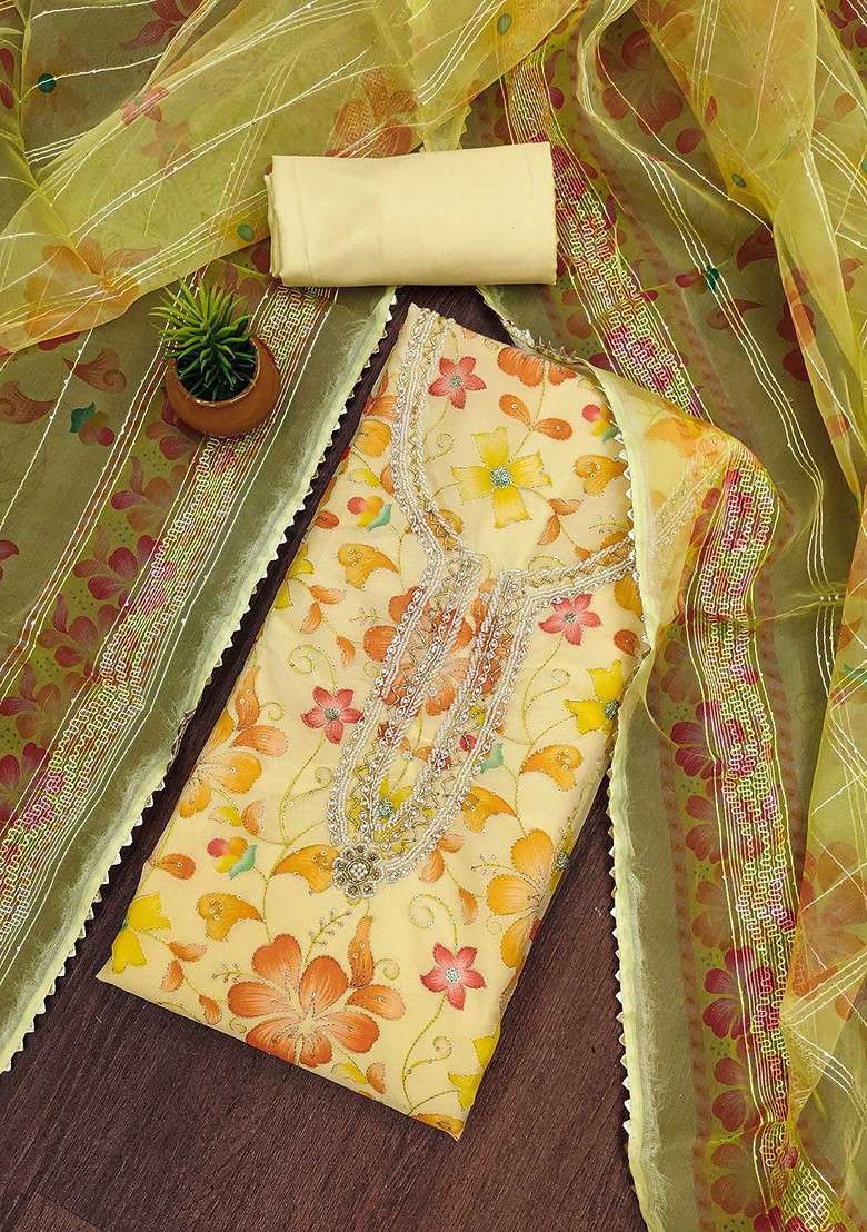 Yellow Embroidered Organza Straight Kurta Set - Indya