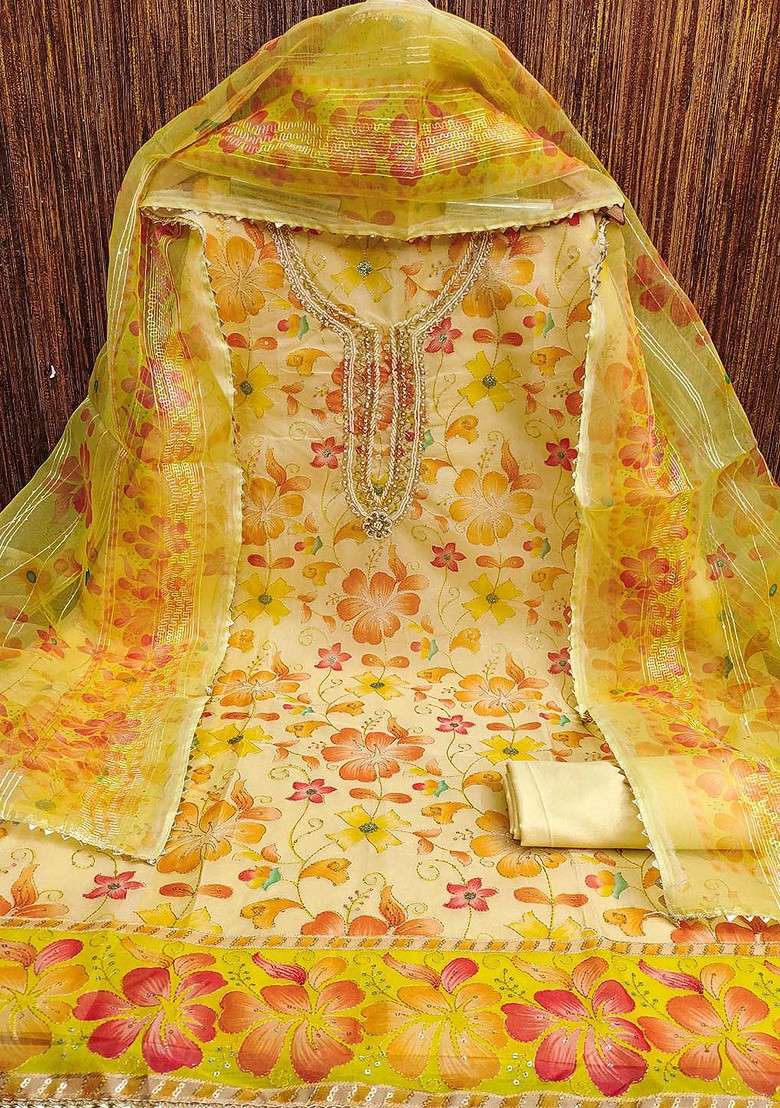 Yellow Embroidered Organza Straight Kurta Set - Indya