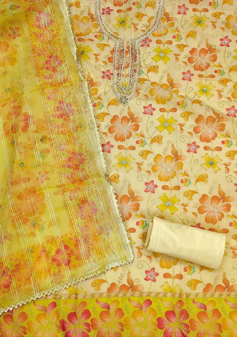Yellow Embroidered Organza Straight Kurta Set - Indya