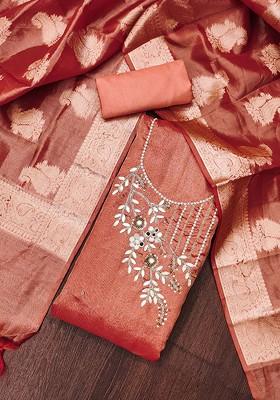 Rust Embellished Poly Blend Kurta Set