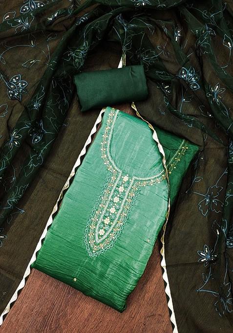 Green Embroidered Blended Straight Kurta Set